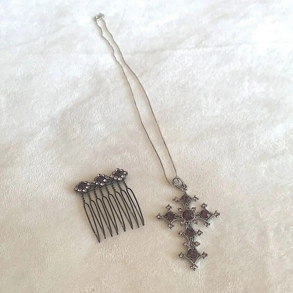 Silver Tone & Purple Crystal Cross and Crystal Hair Comb